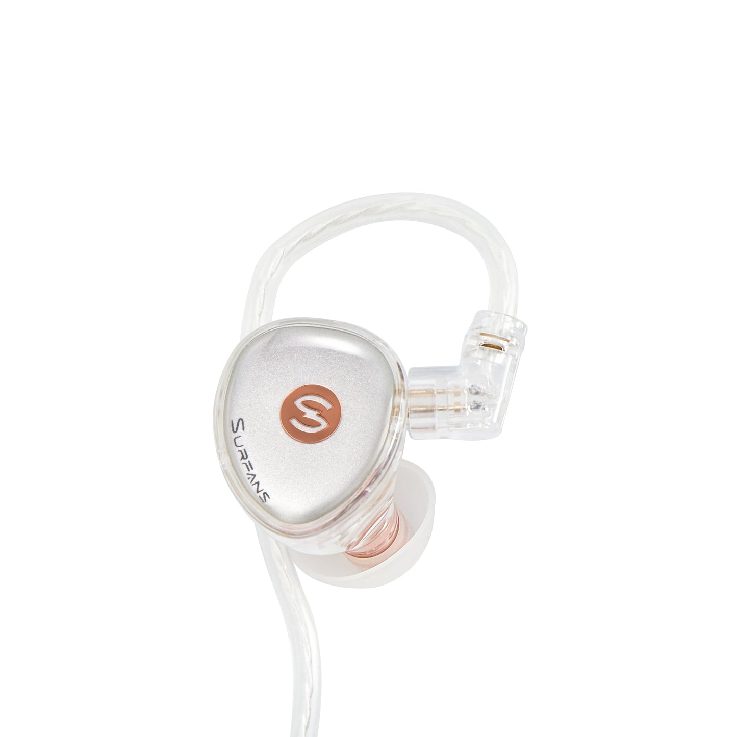 0.78mm two-pin connection, semi-oval shield-shaped faceplate with a logo at the center and "Surfans" engraved along the edge.