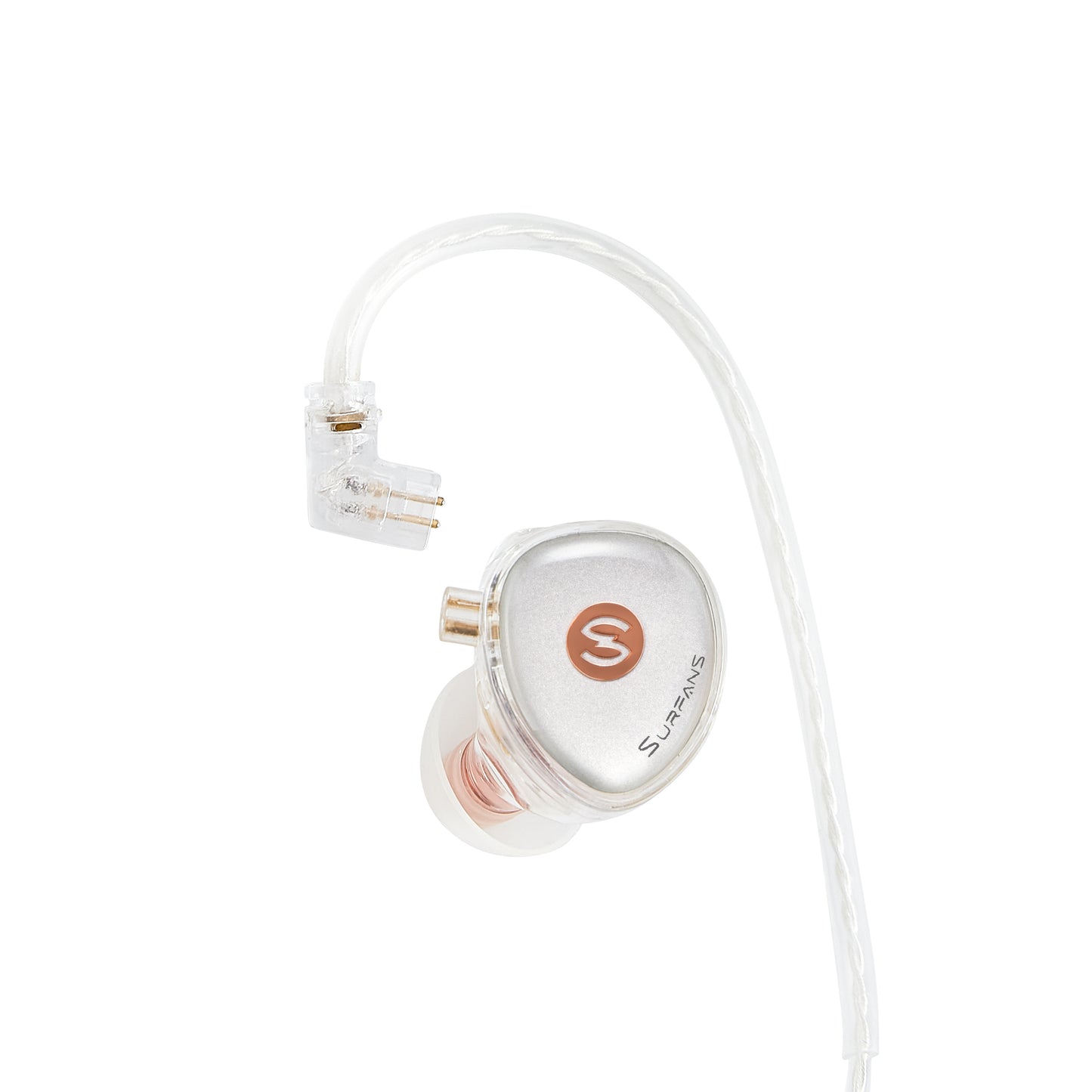 The silver white in-ear monitor earphone disconnected, showing the transparent plug with golden pins and the separated earpiece with the "S" logo and "Surfans" text, revealing the detachable connection structure.