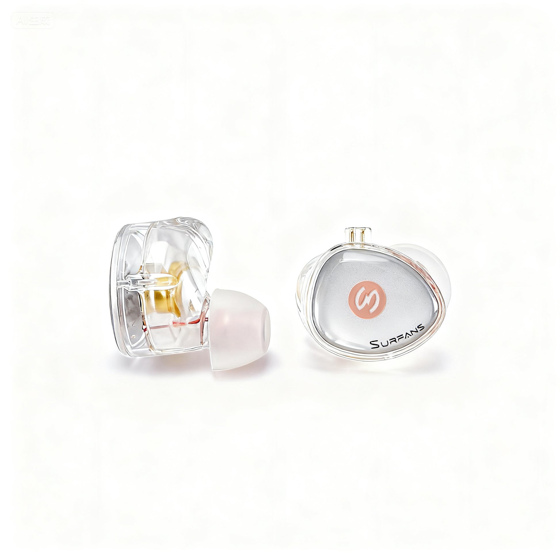 Two units, one side view showing internal structure through the transparent shell, paired with a white ear tip; the other front view with a transparent convex surface and matte silver-white panel on the bottom layer.
