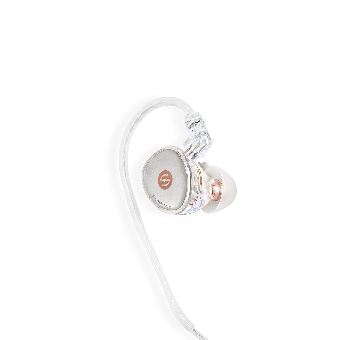 IEM with transparent cavity, white aluminum alloy faceplate, and bent over-ear cable.