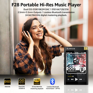 HiFi Bluetooth Mp3 Player: F28 High Res Lossless Portable Music Player - 3.5 inch Digital Audio Player 32GB Support up to 512GB